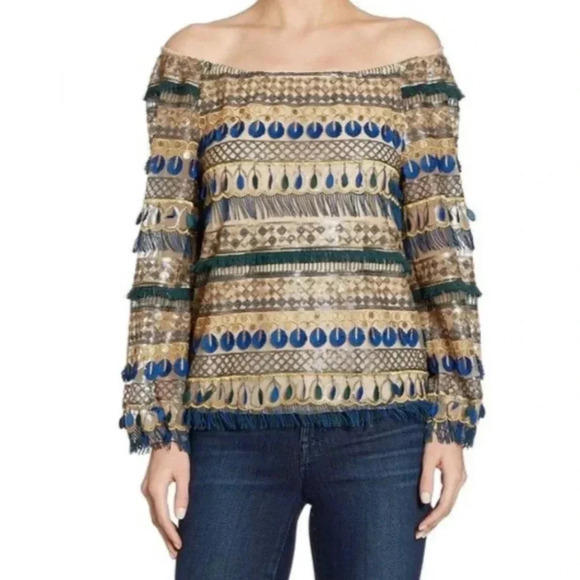 Alice + Olivia Mixed Media Boho Beaded Fringe Blouse size S - Picture 1 of 16
